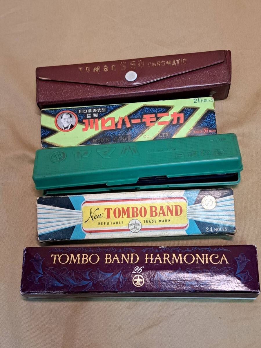Vintage Tombo Kawaguchi Yamaha harmonica set (5 pieces) with case. Used.