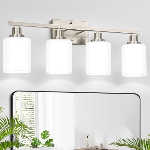 Vanity Light with Milky White Shades Bathroom Lighting 4-Light Brushed Nickel