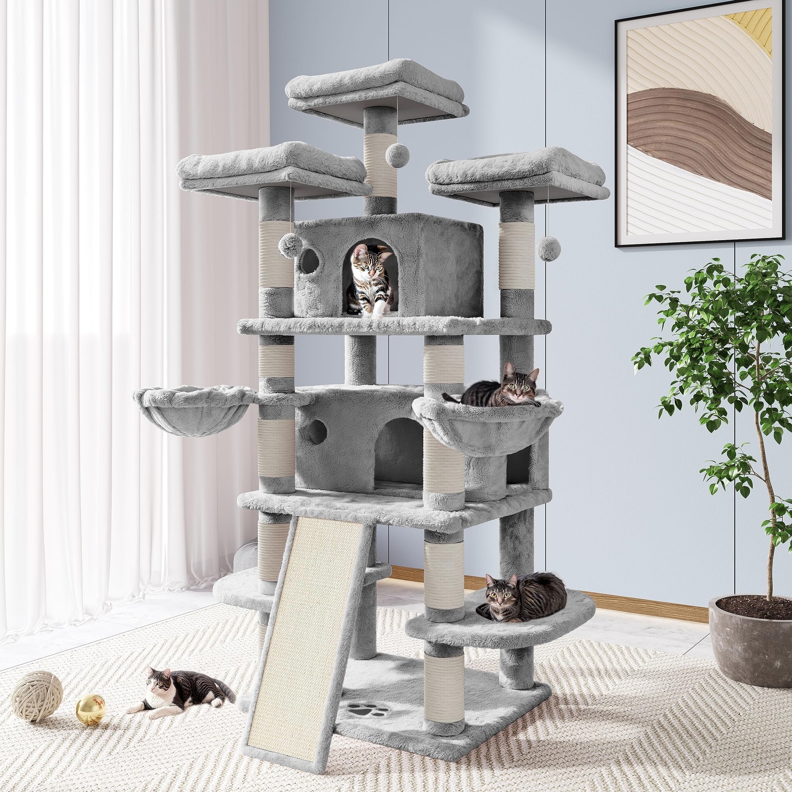 Cat Tree 68 in Scratch Post Multi Level Large Kitty Climbing Allewie Inches