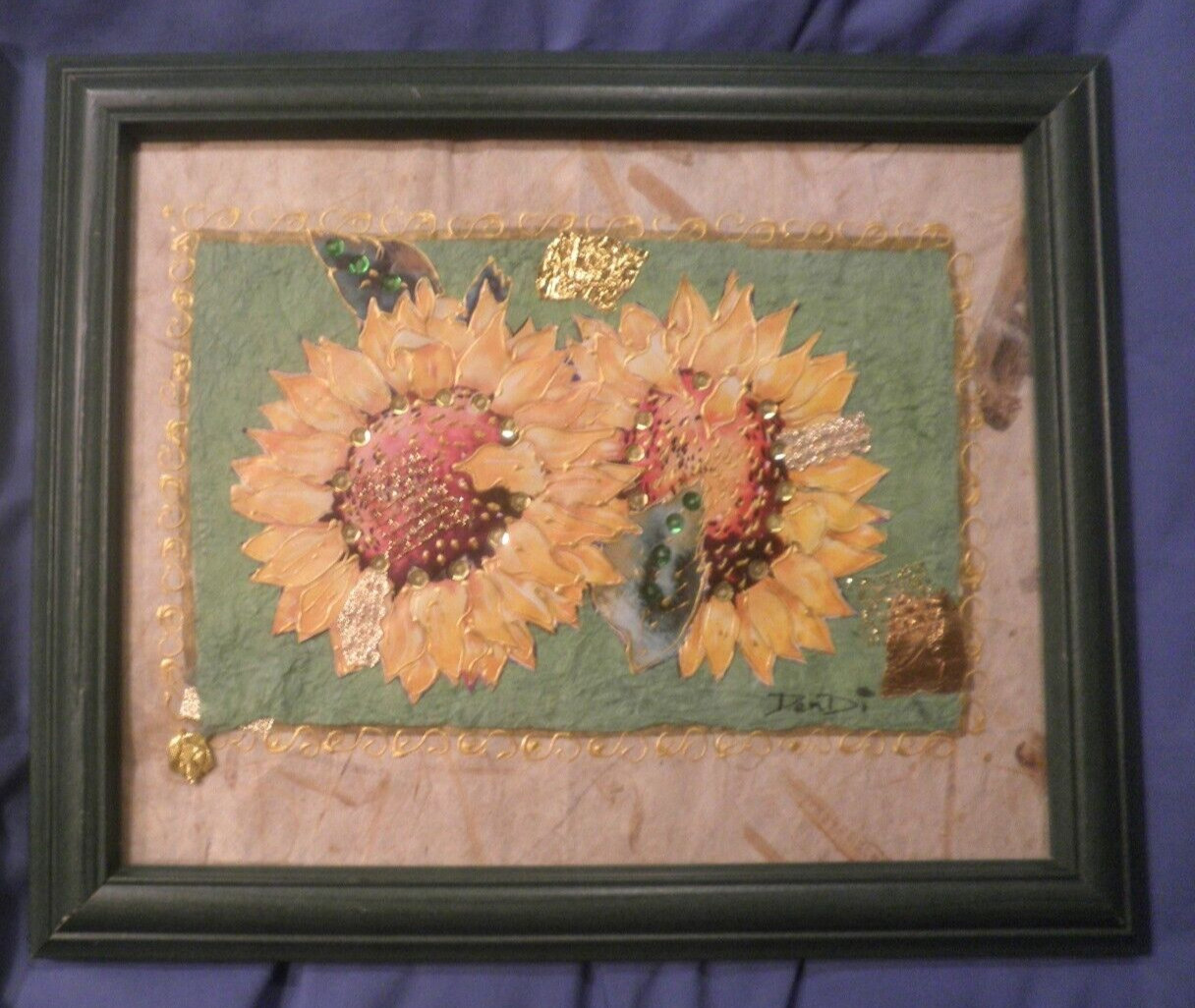 Vintage Original Sunflower Collage Framed Artwork Signed "Dendi"