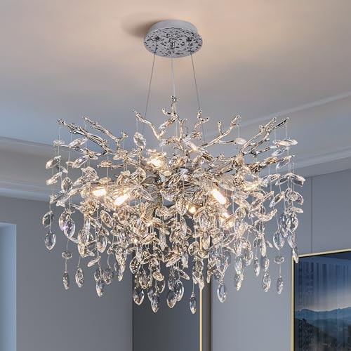 Modern Tree Branch Crystal Chandelier Luxury Crystal Pendant 23.6" Round Silver