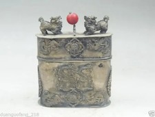 10cm Retro Tibetan Silver Handcarved Kylin Jewelry Box Cigarette Pack Tea Box