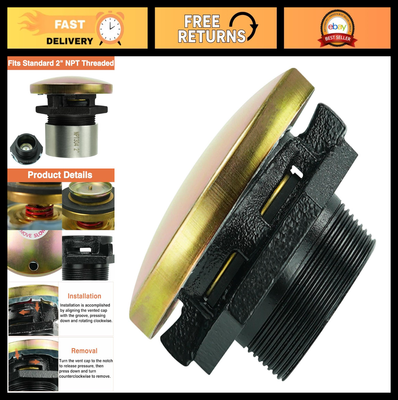 Vented Diesel Fuel Transfer Tank Cap Kit - 2" NPT Threaded Neck, Iron Base