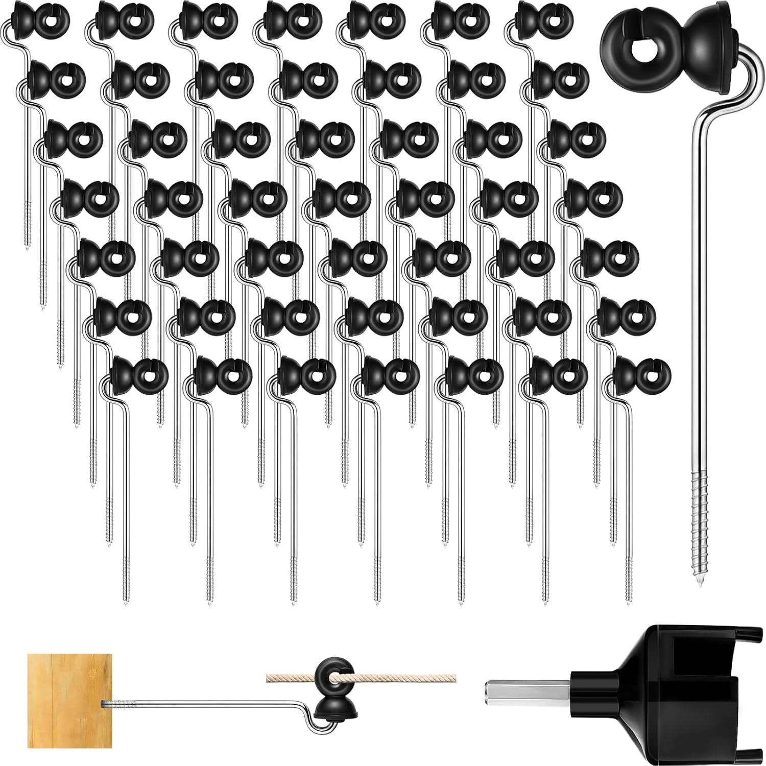 50 Pcs Black Electric Fence Wire Screw-In Insulator and 1 Insulator Socket Tool 