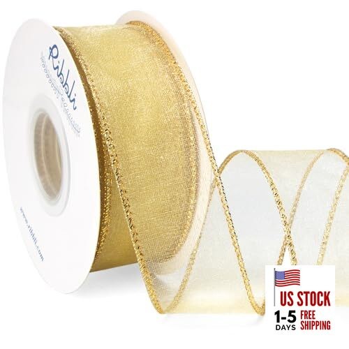 Organza Wired Ribbon, Gold Sheer with Metallic Edge,1 1-1/2" Champagne Gold