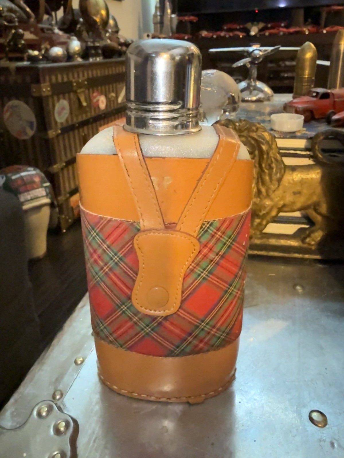 VTG Dunhill Tartan Plaid & Leather Hip Travel Flask England Gentleman Barware