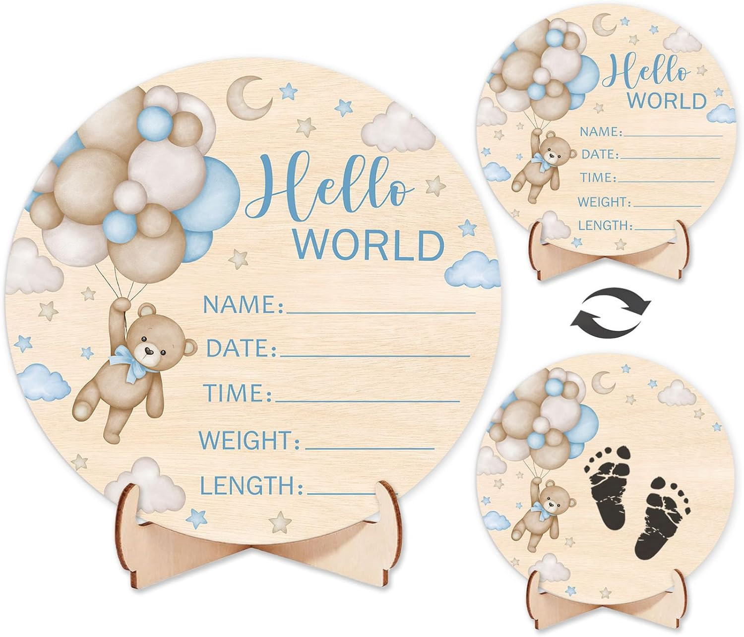 Double-Sided Wooden Newborn Birth Sign, Blue Bear Baby Announcement Sign, Bear H