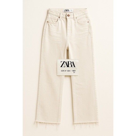 ZARA Denim Collection High Rise Straight Jeans Raw Hem off white Women's Sz 2