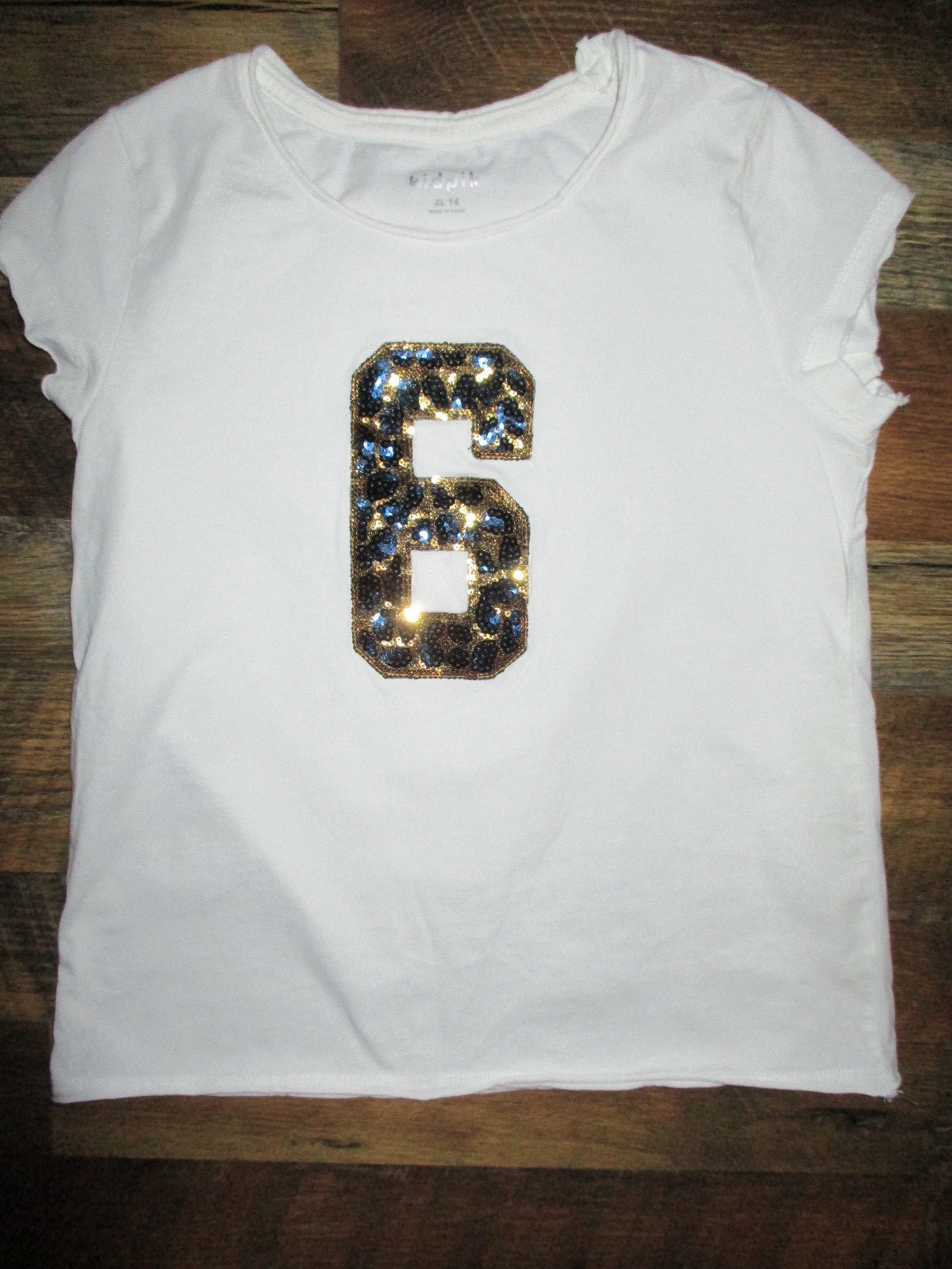 Kidpik Tee Shirt Girls XL -14 Raw Edge Short Sleeve #6 Sequin Detail White EUC