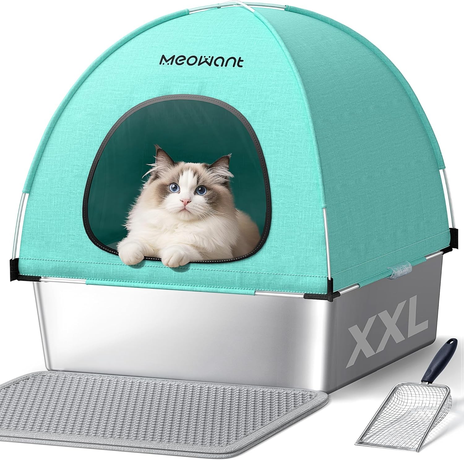 Large, square, three-in-one enclosed metal cat litter box with lid.