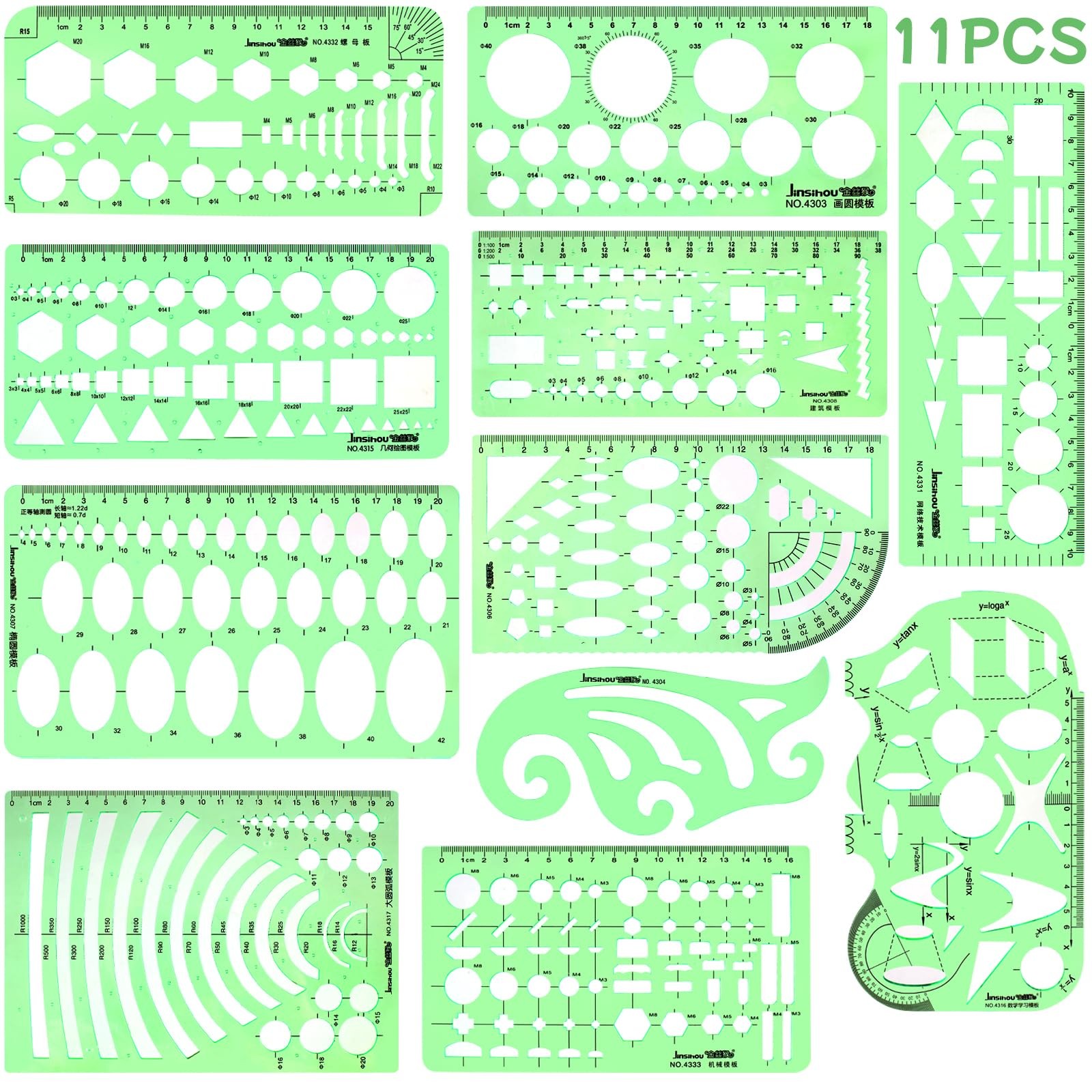 11PCS Geometric Drawings Templates, Drafting Stencils Measuring Tools, Transpare