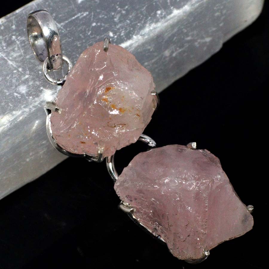 925 Silver Plated Rose Quartz Rough Long Pendant Jewelry Size 2.2" GW