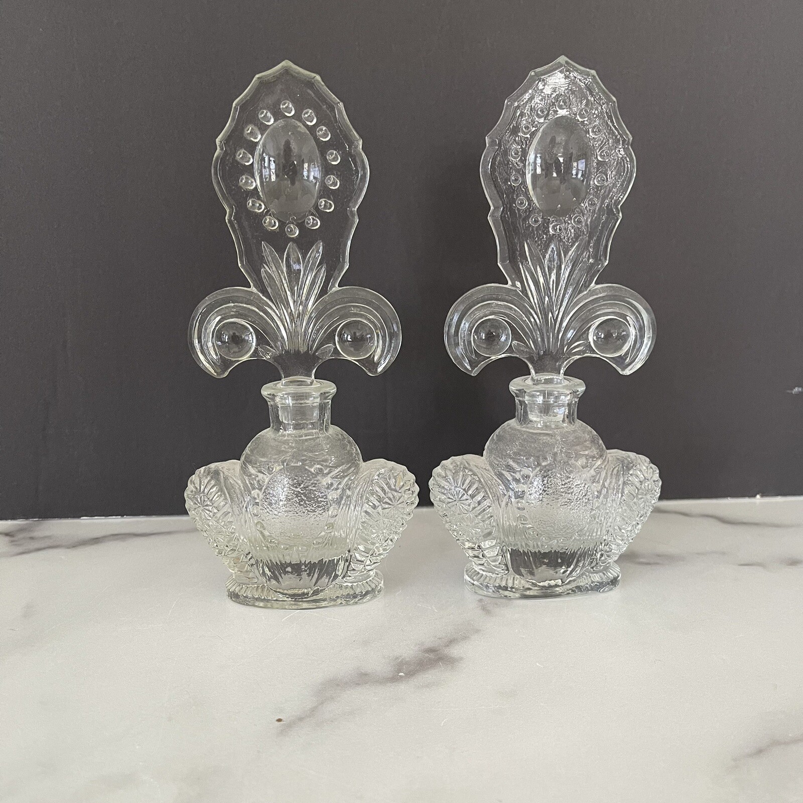 Vintage Art Deco Fleur-de-Lis Clear Glass Perfume Bottle W/Stopper Lot of 2