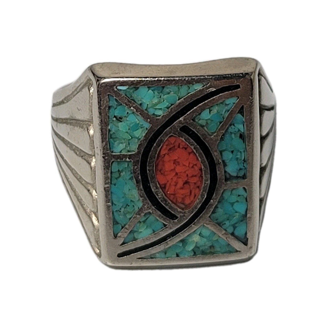 Vintage Southwest Native American Turquoise & Coral Ring Size 10