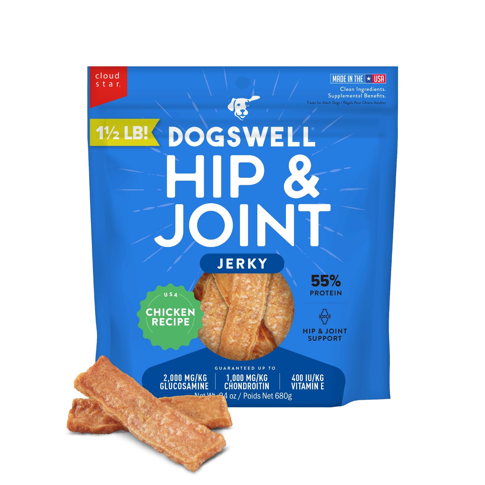 Dogswell Jerky Hip & Joint Dog Treats - Grain Free, USA Made, Glucosamine