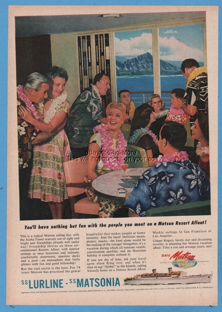 1960 Diamond Head Hawaii Matson Line Lurline Cruise ship Passenger lounge Ad