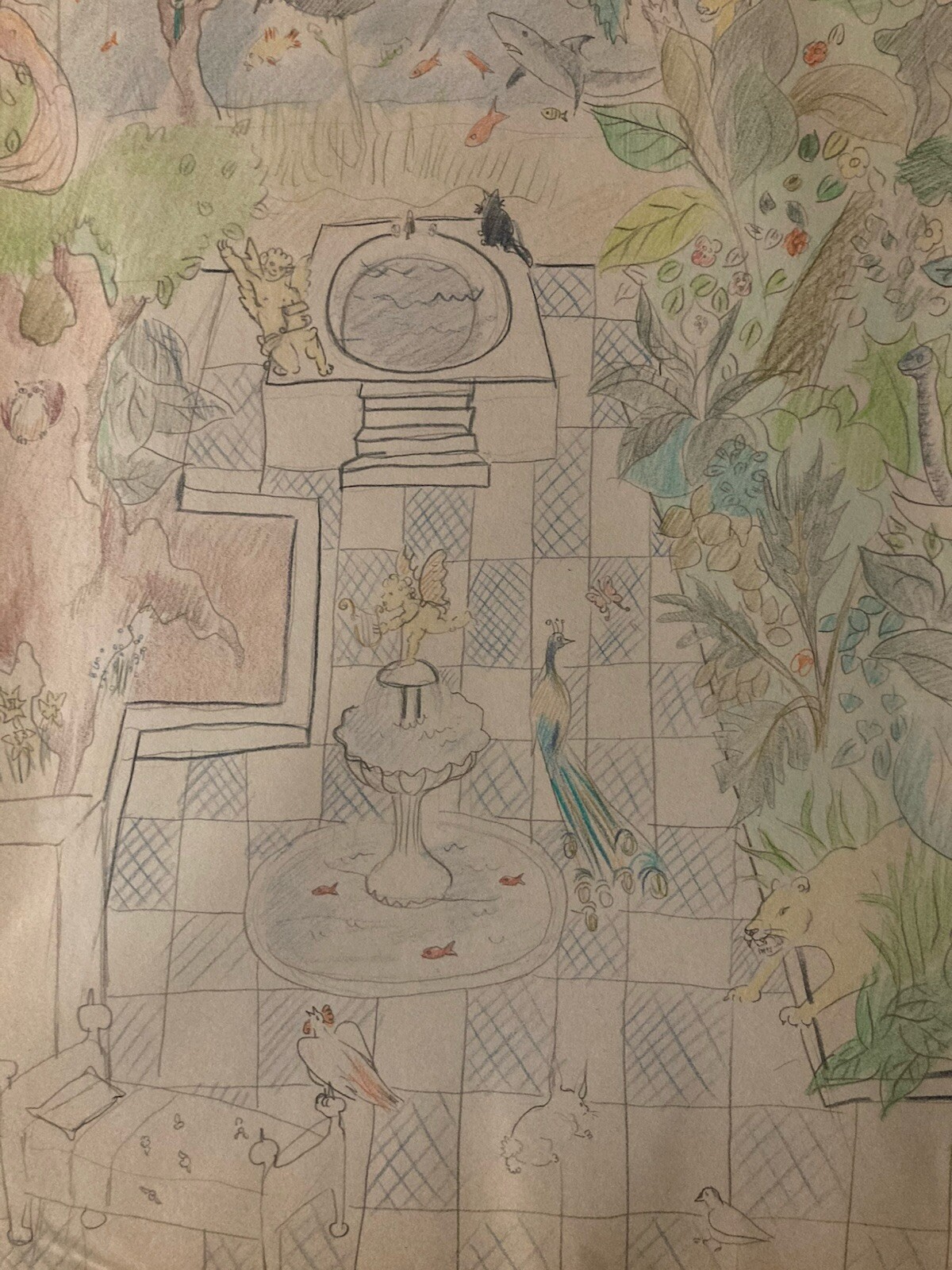 Très Beau Dessin Crayon Art Brut Outsider 1960 Naïf Ferme Animaux Aquarium