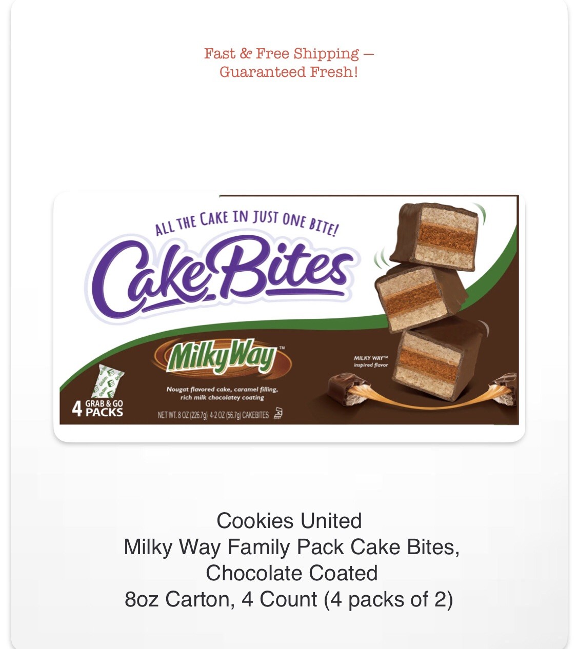 Cookies United, Milky Way Cake Bites, Chocolate-Coated,-8oz Carton, 4 Packs of 2