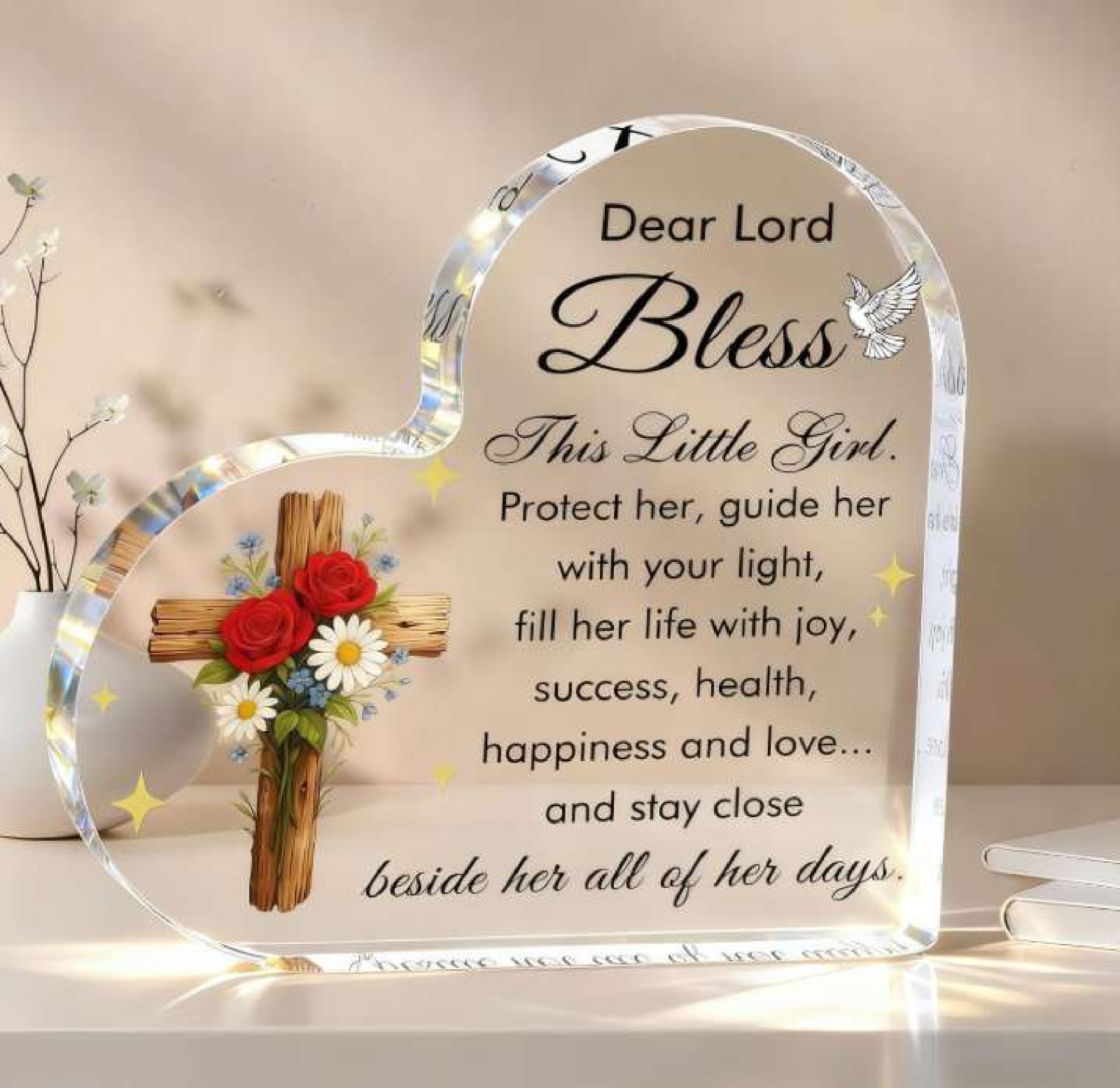 Bless This Baby Girl 4" Acrylic Heart Plaque Baptism Gift Newborn Catholic Cross