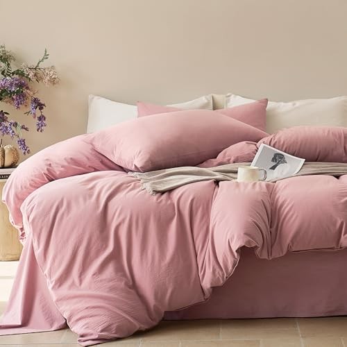  Duvet Cover Queen Size - 100% Washed Cotton Queen(90"×90") 01- Darker Rose
