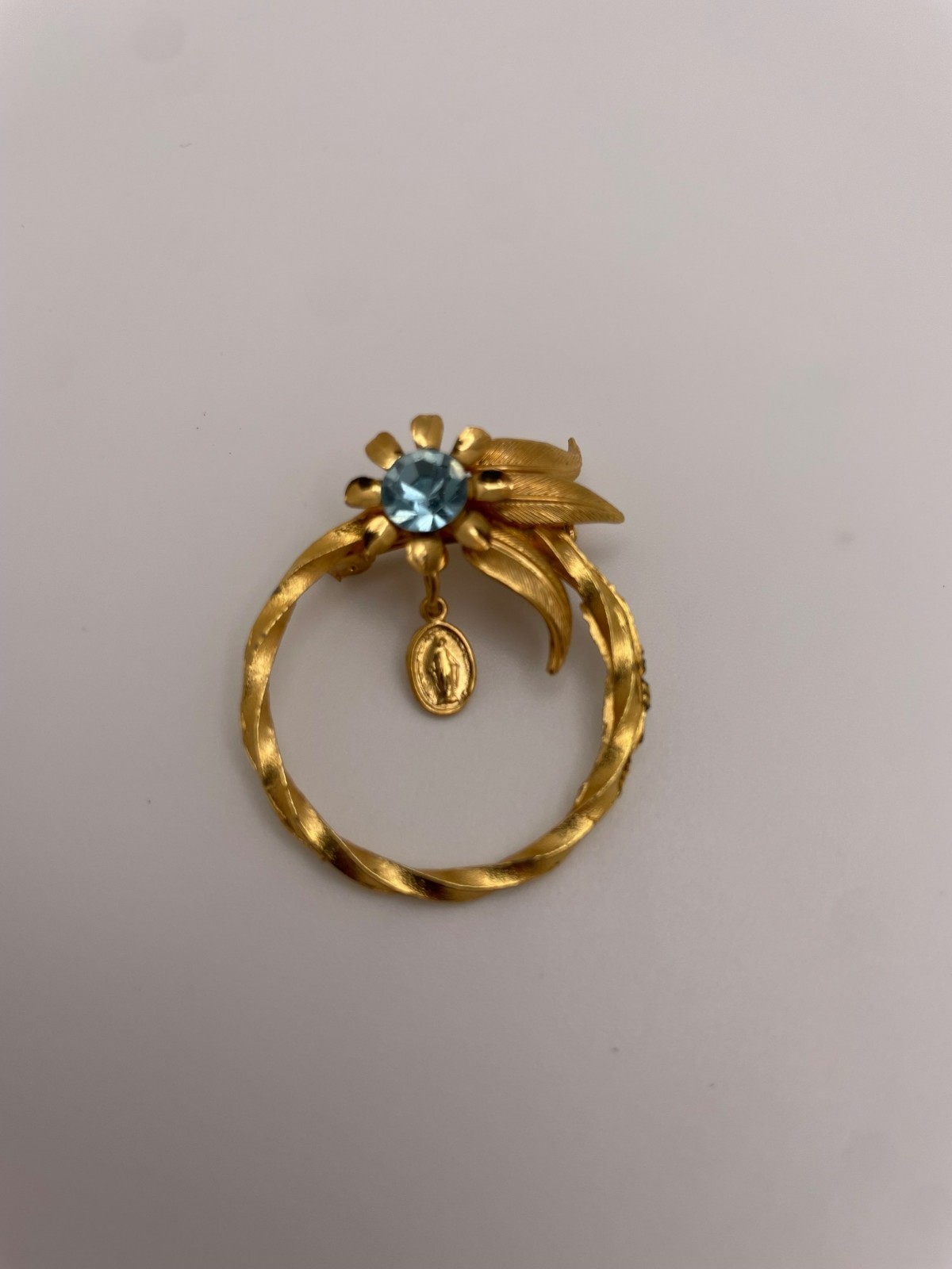 Vintage Religious Miraculous Gold-Tone Brooch With Blue Rhinestone Flower & Virg