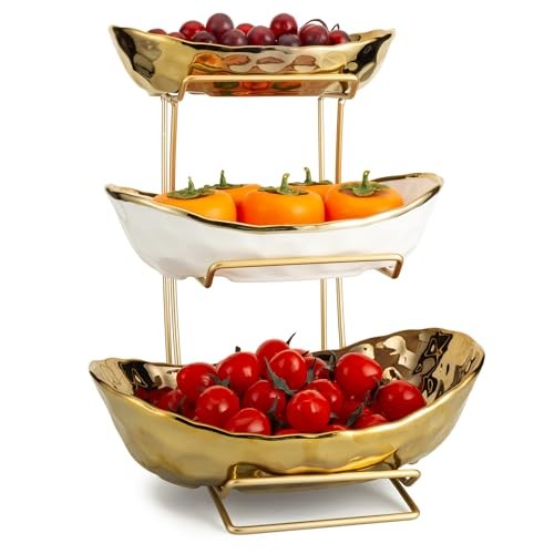 3 Tier Fruit Bowl for Kitchen Counter, White Ceramic Fruit Stand for Gold