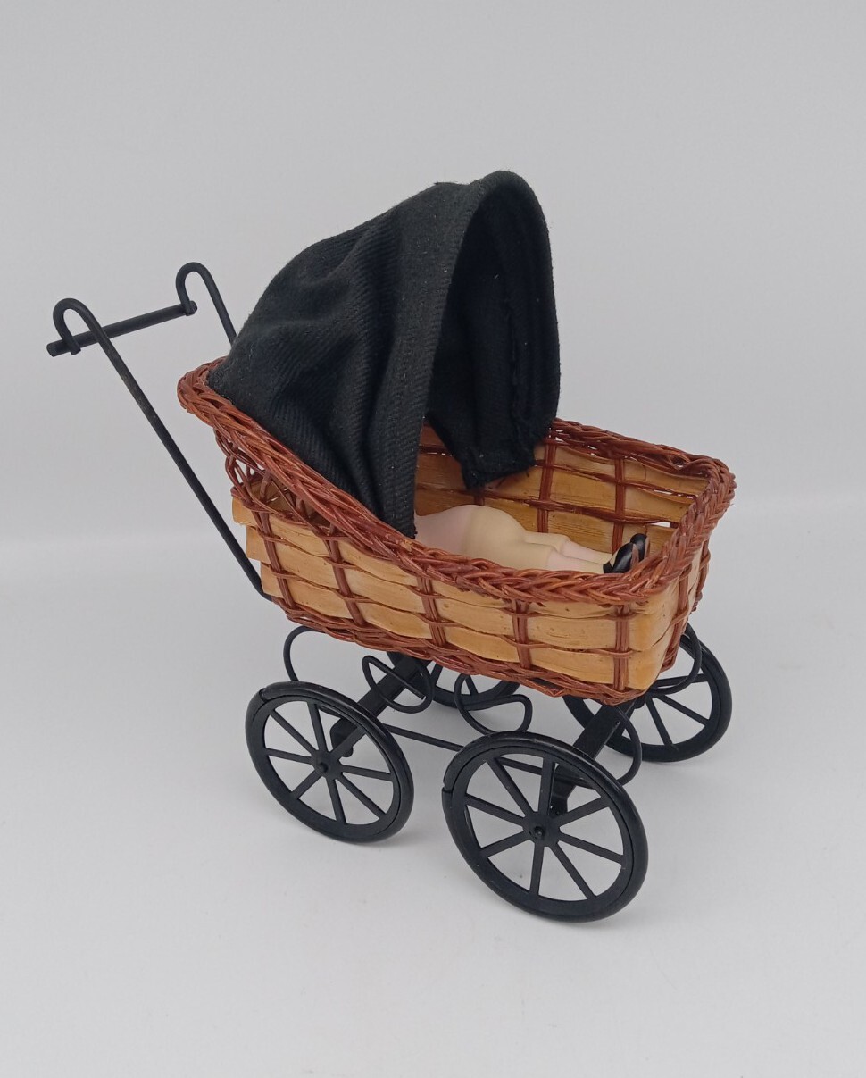 Small Porcelain Baby Doll  & Wicker Metal Carriage Buggy Pram Victorian Style 7"