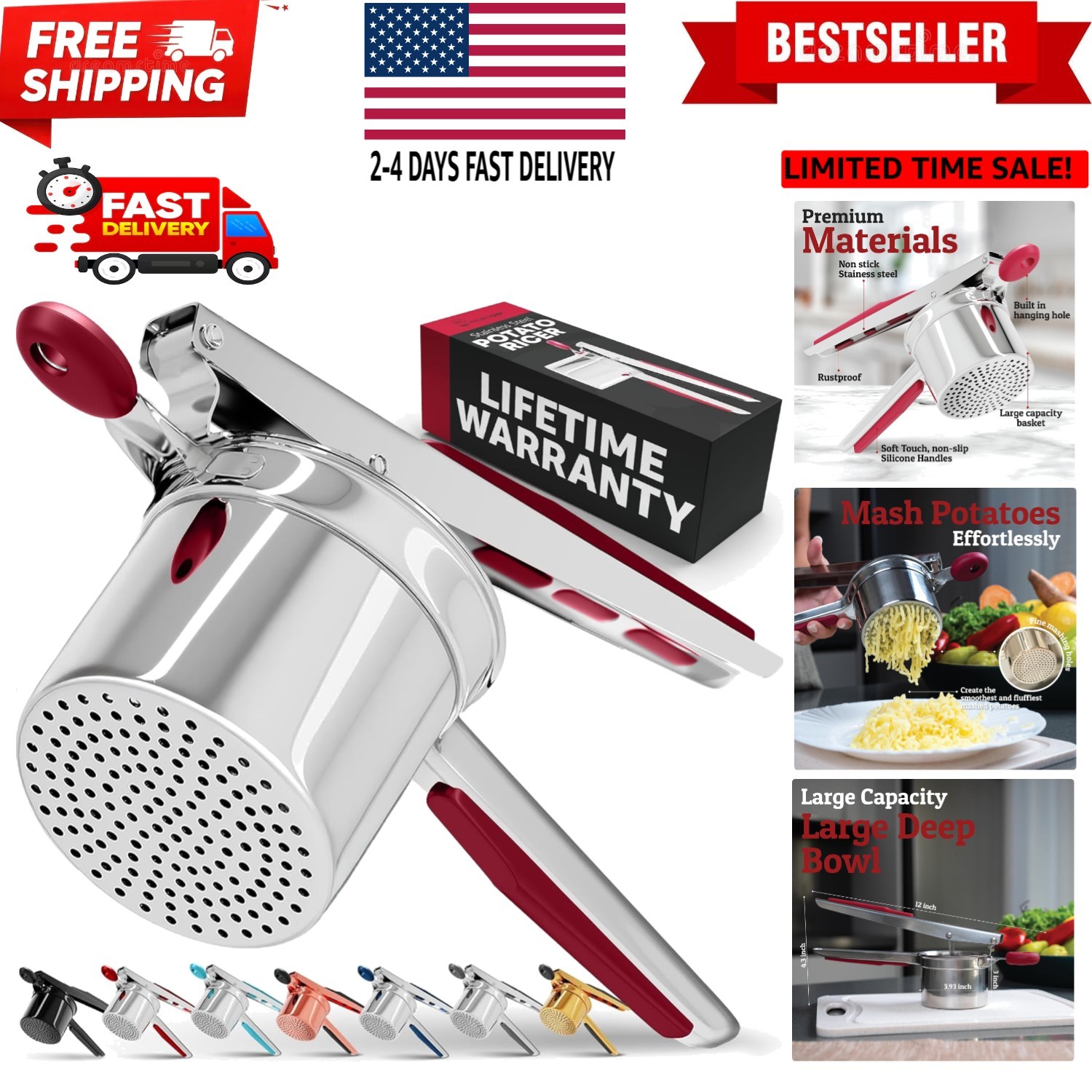 Large 15oz Potato Ricer, Heavy Duty Stainless Steel Potato Masher and Ricer K...