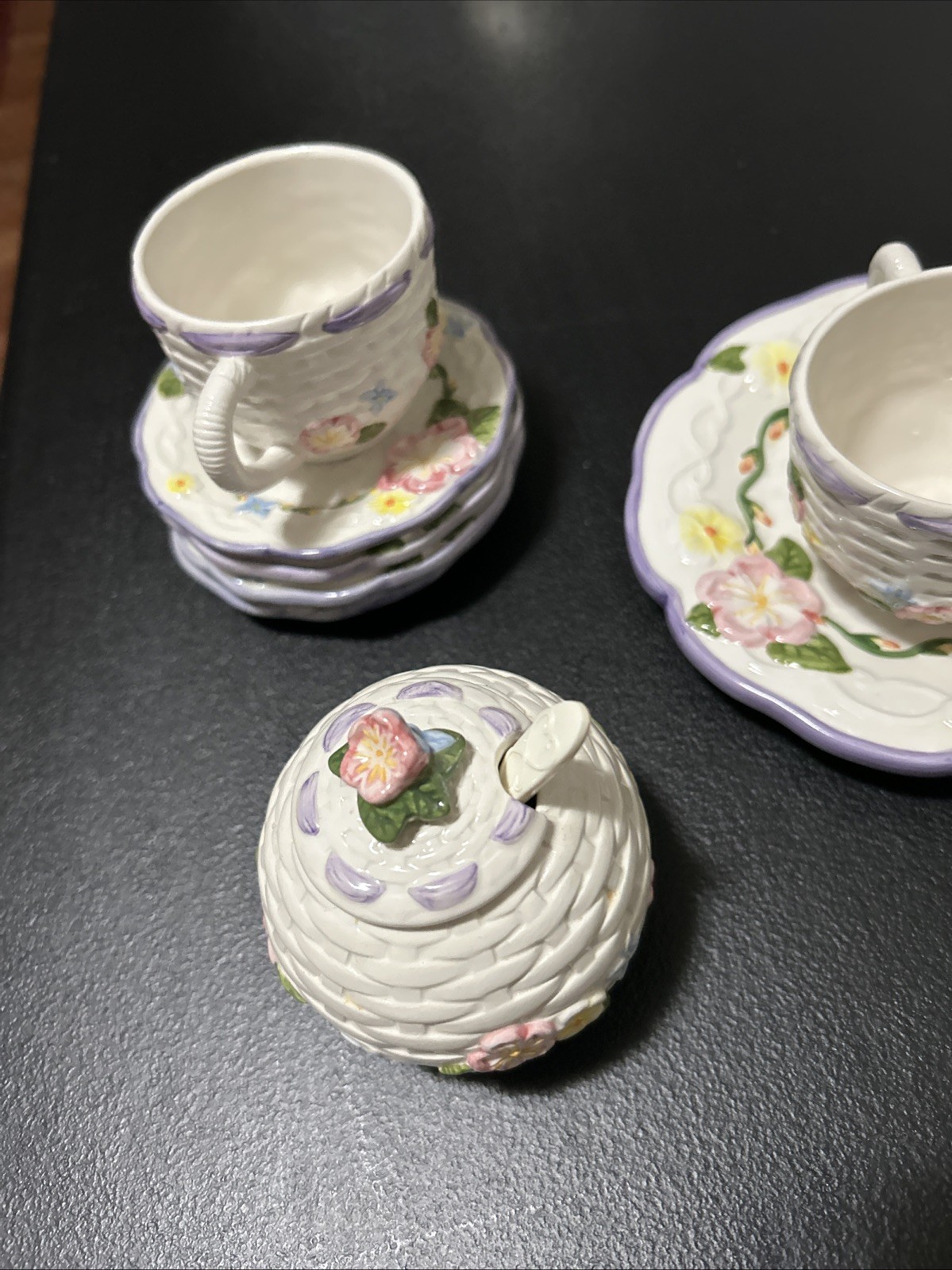 Vintage  1970,s CWC Basket Weave Purple Ribbon Floral Ceramic Child’s Tea Set