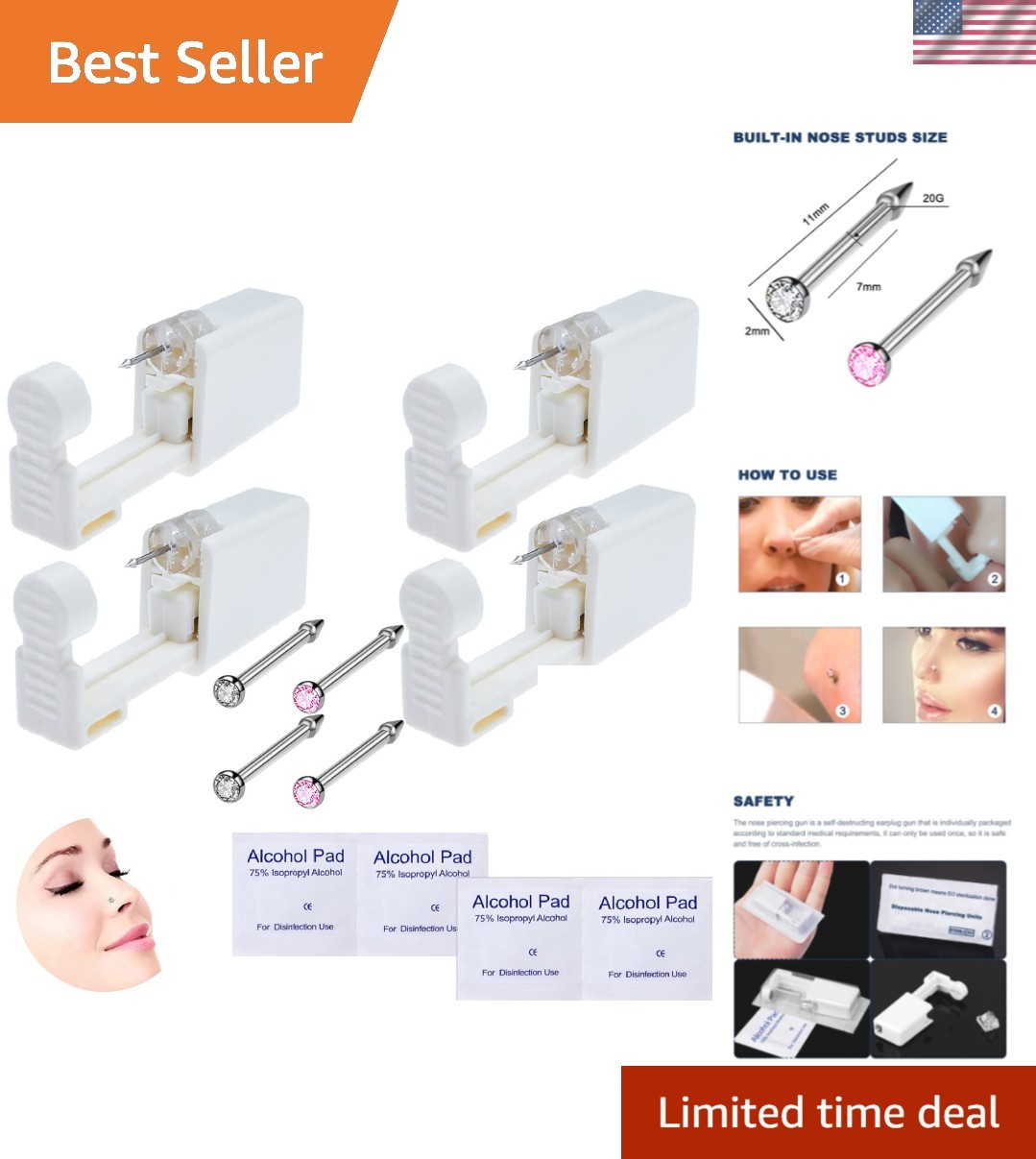 Convenient 4-Pack Self-Piercing Kit with Built-in Nose Studs – Ideal for Home