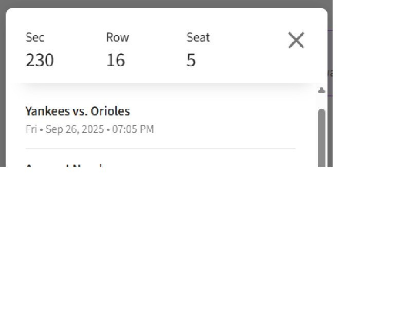2 Yankees Tickets 9/26/2025 Section 230 Row 16 Seats 5-6. Includes $30 F/B
