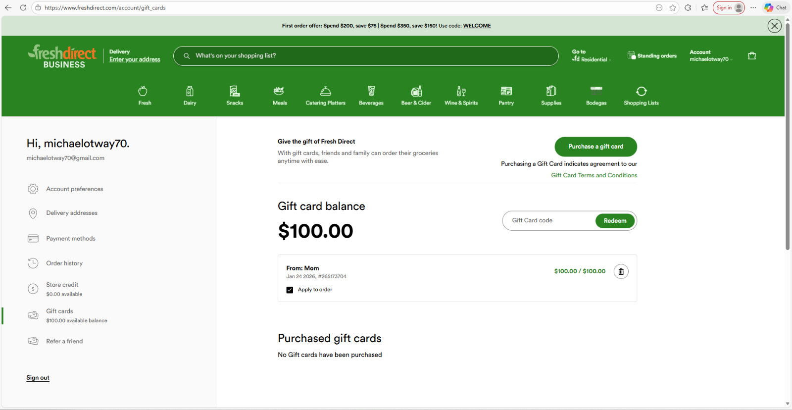 fresh direct Giftcard $100 "Account"