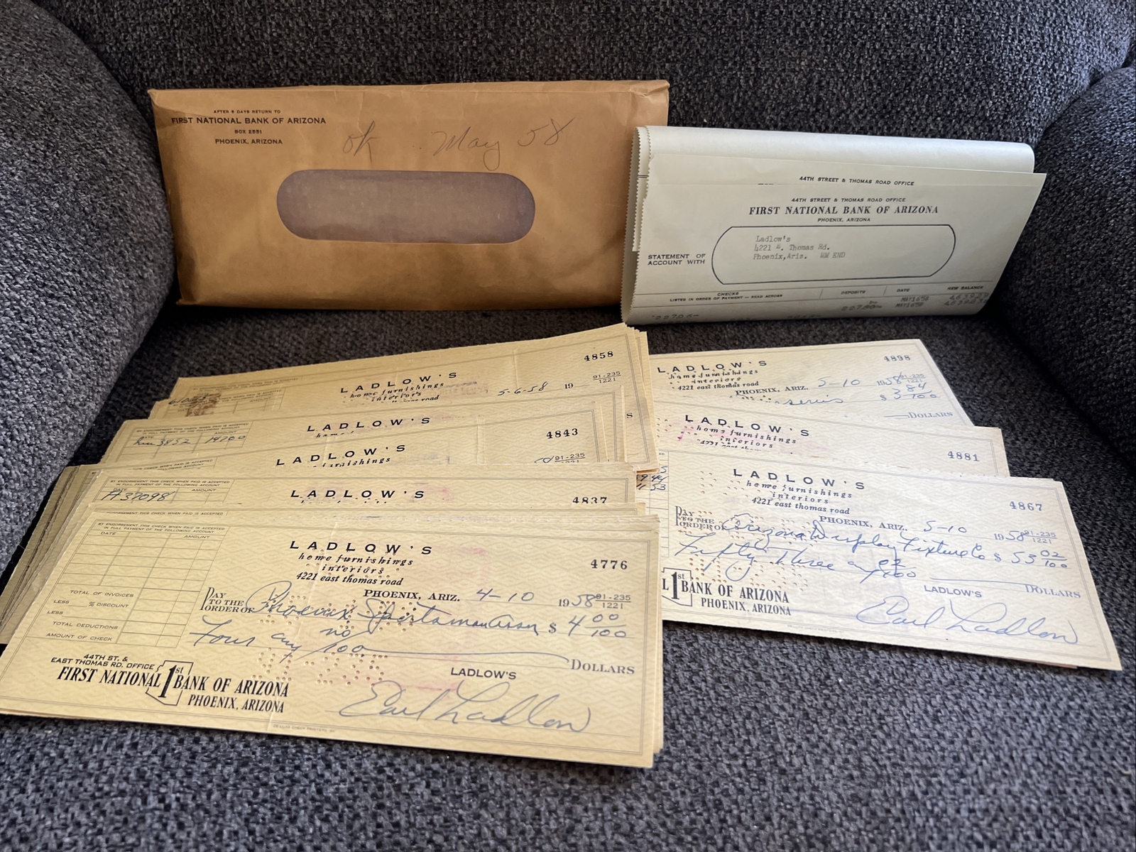 100 Vintage 1958 First National Bank of Arizona Checks Ladlow Home Furnishings