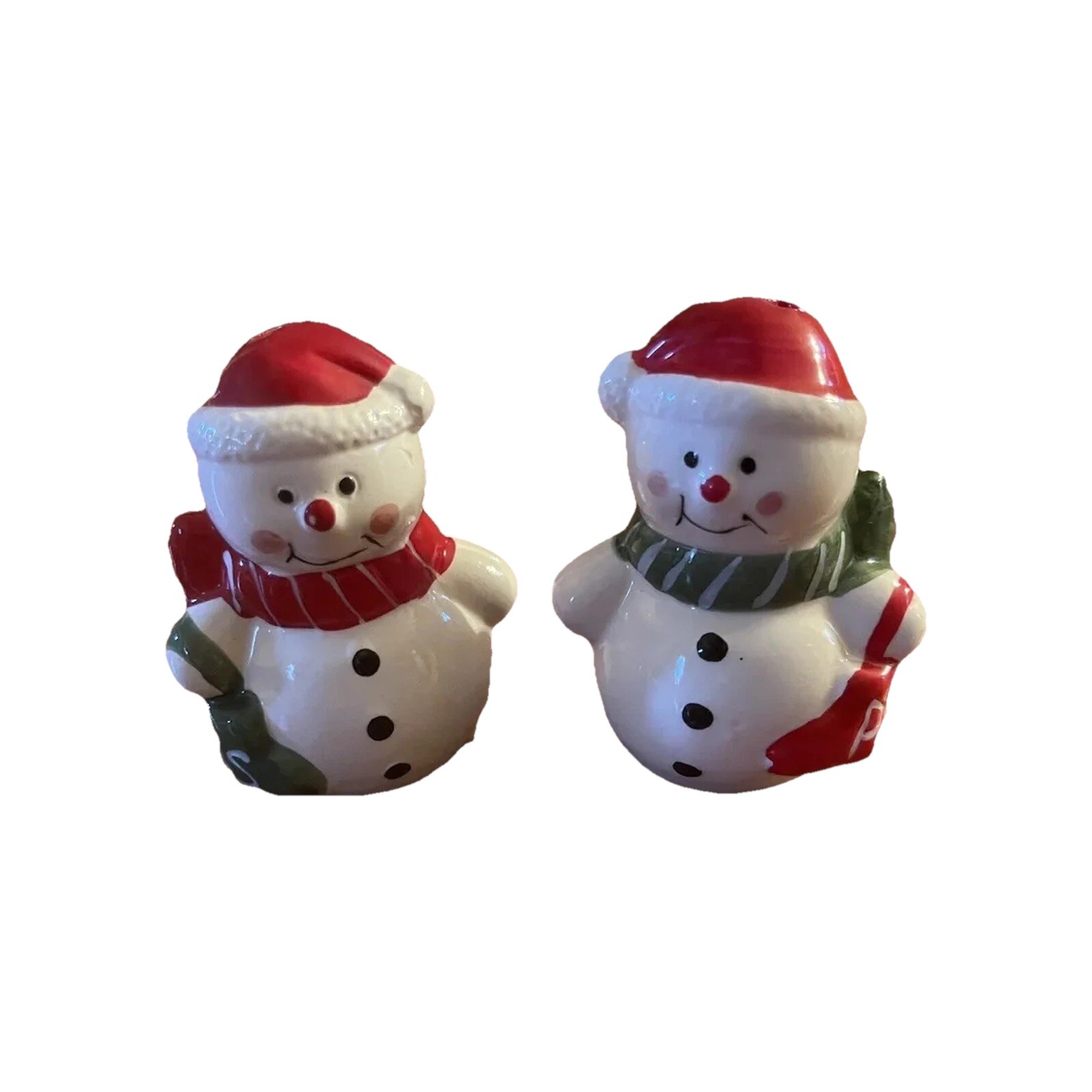 Vintage Mr And Mrs Snowman Salt And Pepper Shaker Set Hand Painted Earthenware