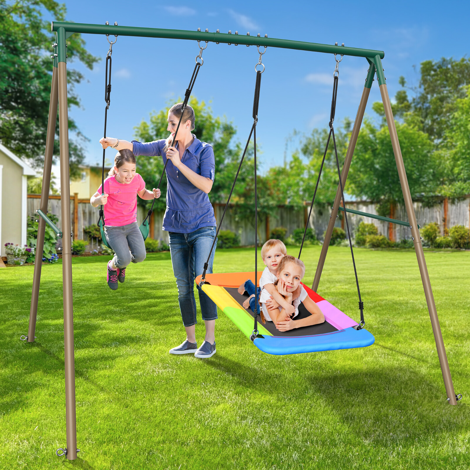 Hapfan Heavy Duty Metal Swing Set for Kids with 45"Platform Swing and Belt Swing