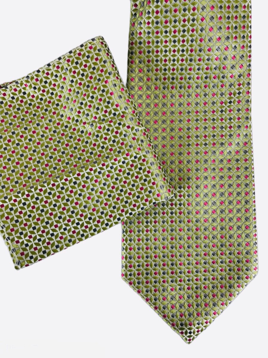 Verse 9 Silk Tie Pocket Square Set Green Red Patterned Textured Classic Vintage