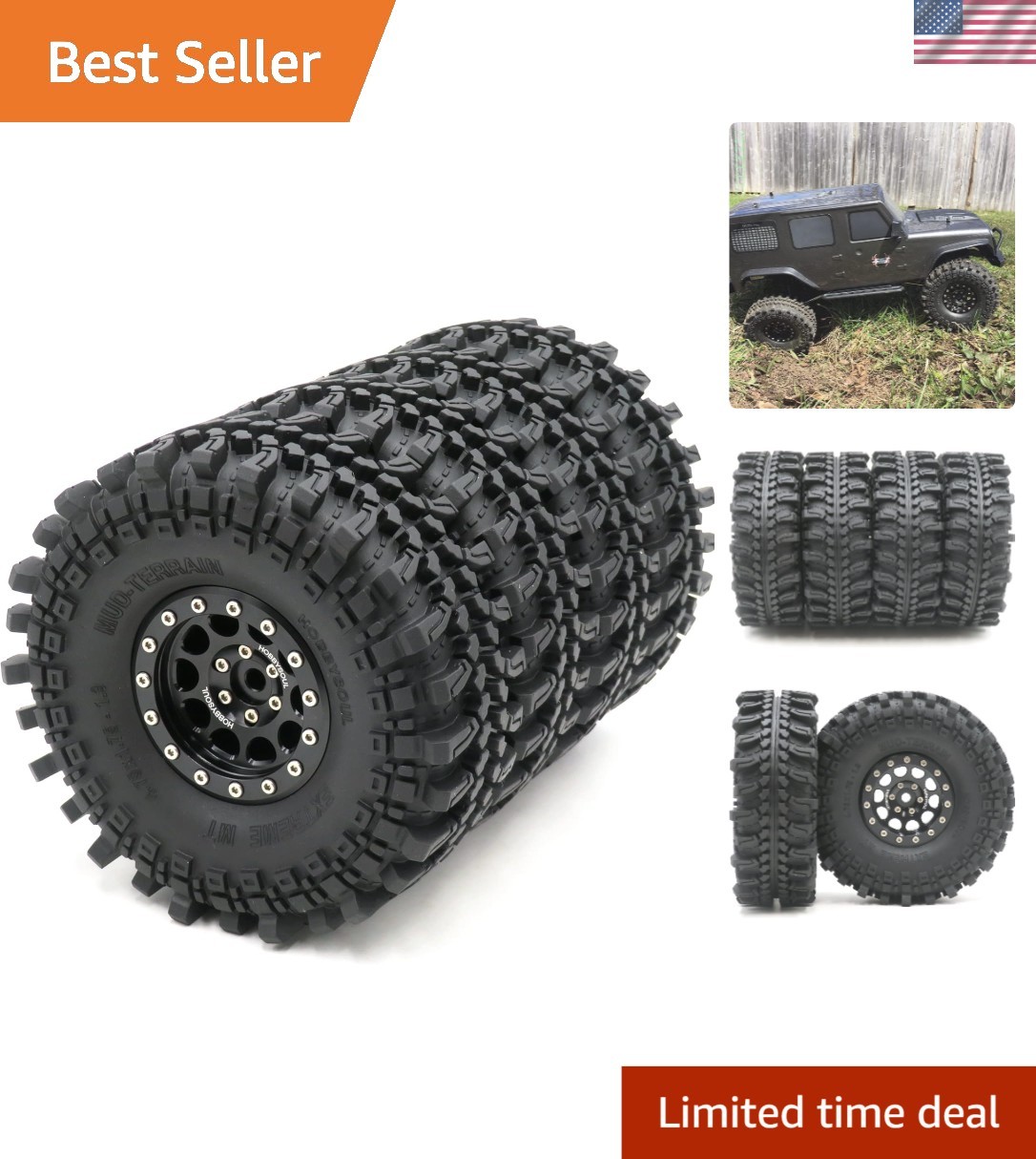 Hobbysoul 1.9 Mud Terrain RC Tires & Aluminum Beadlock Wheels Set for Traxxas...