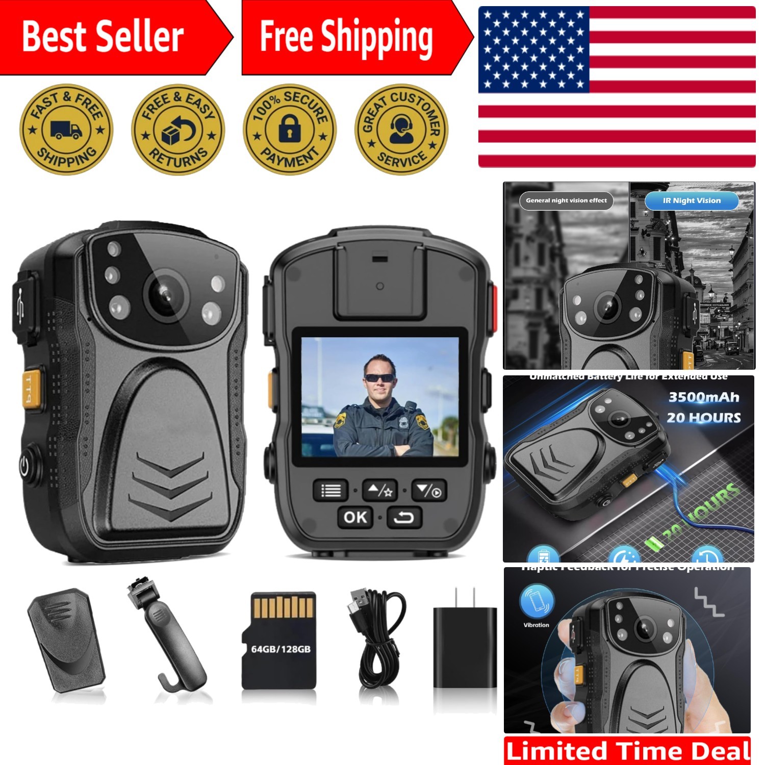 PatrolMaster 1296P UHD Body Camera with Audio, 2 Inch Display, Night Vision, ...