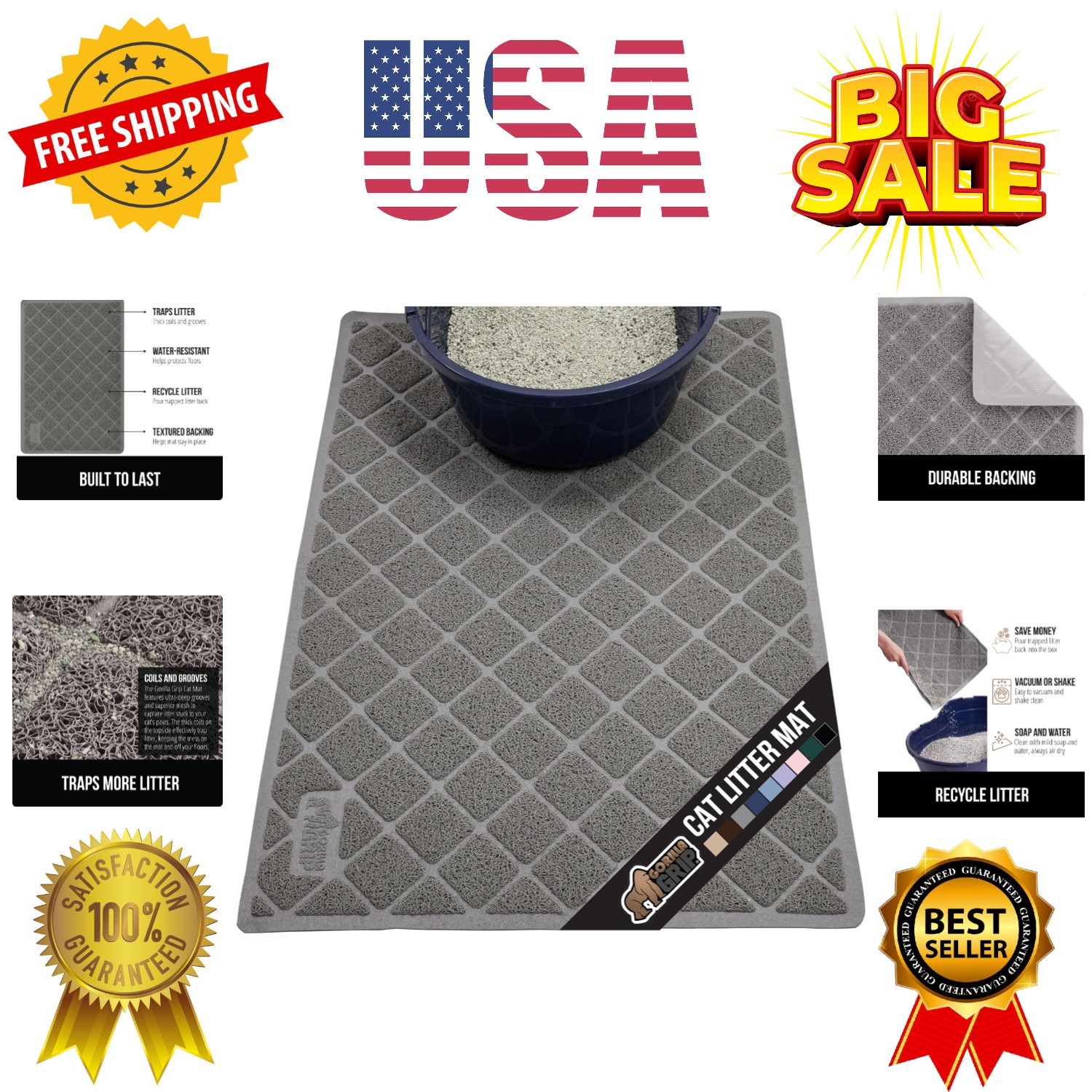 Cat Litter Box Mat, 35x23, Water Resistant,  Designed Kitty Litter Trapping M...