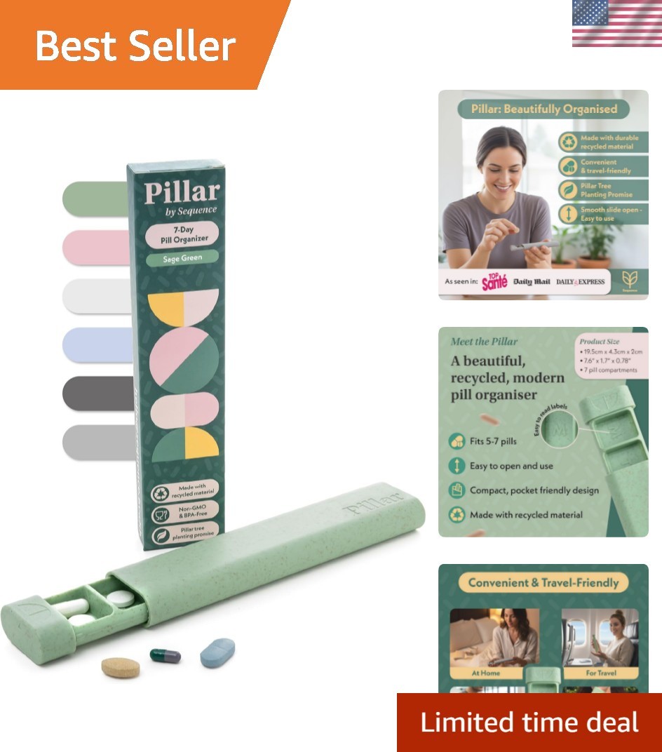 Pillar - 7-Day Pill Organizer | Weekly Medicine Pill Container Travel Box - A...