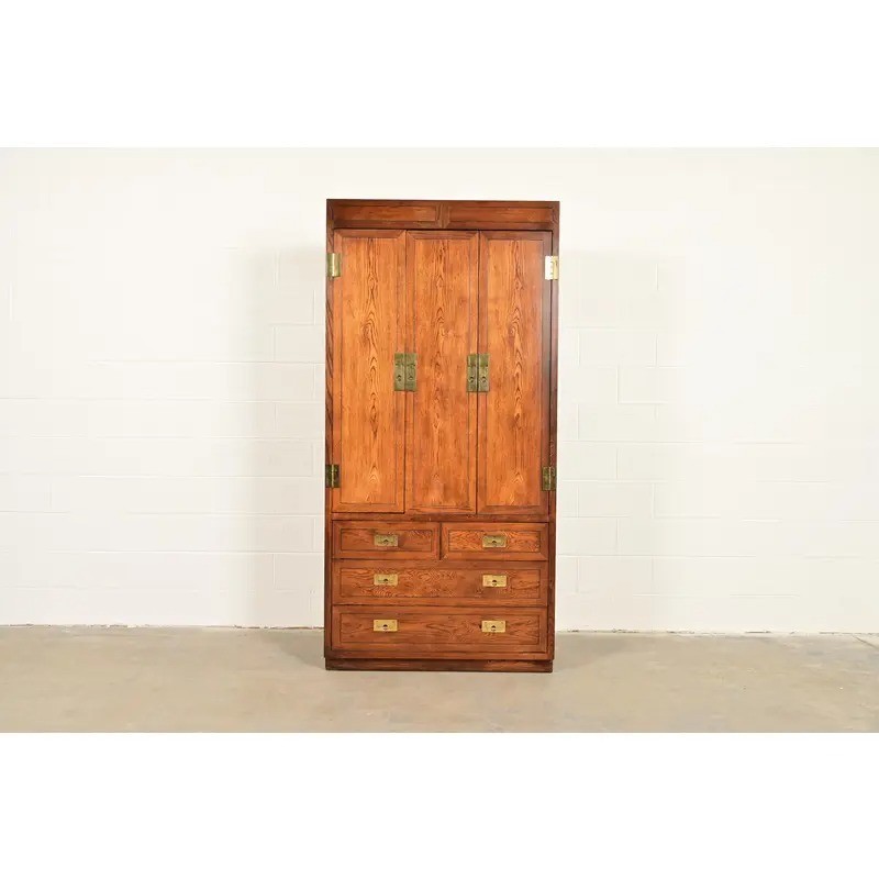 Henredon Mid-Century Modern Campaign Oak Armoire Dresser, Circa 1970s