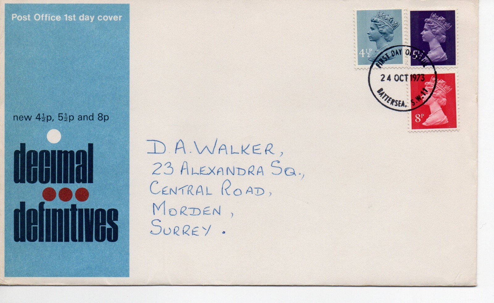 GB - First Day Cover (C 1 ) 1973 Machin - 3 value to 8p -  pmk. Battersea