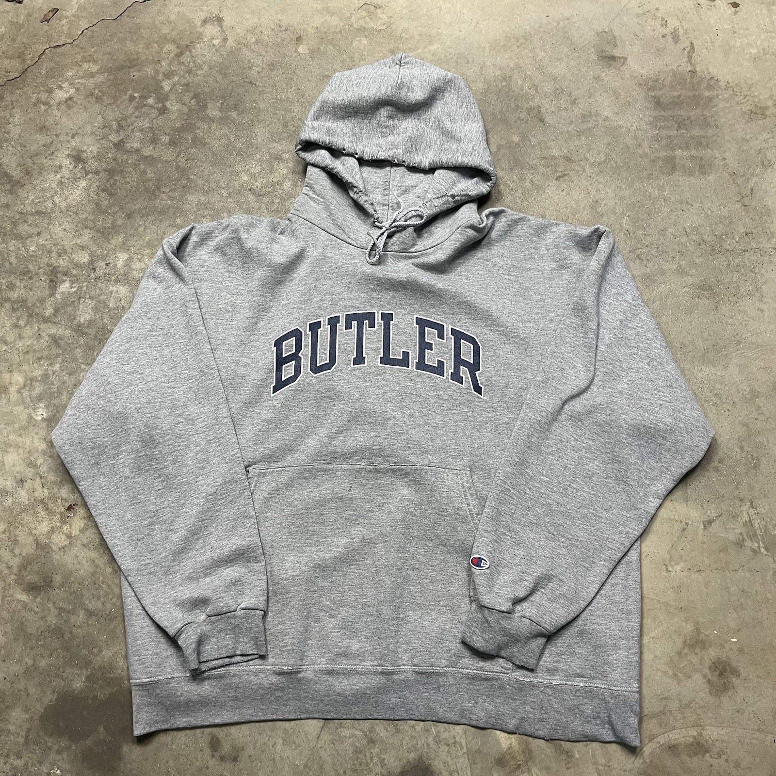 Vintage Champion Butler University Hoodie Sweatshirt Mens 2XL Gray Spellout Y2k