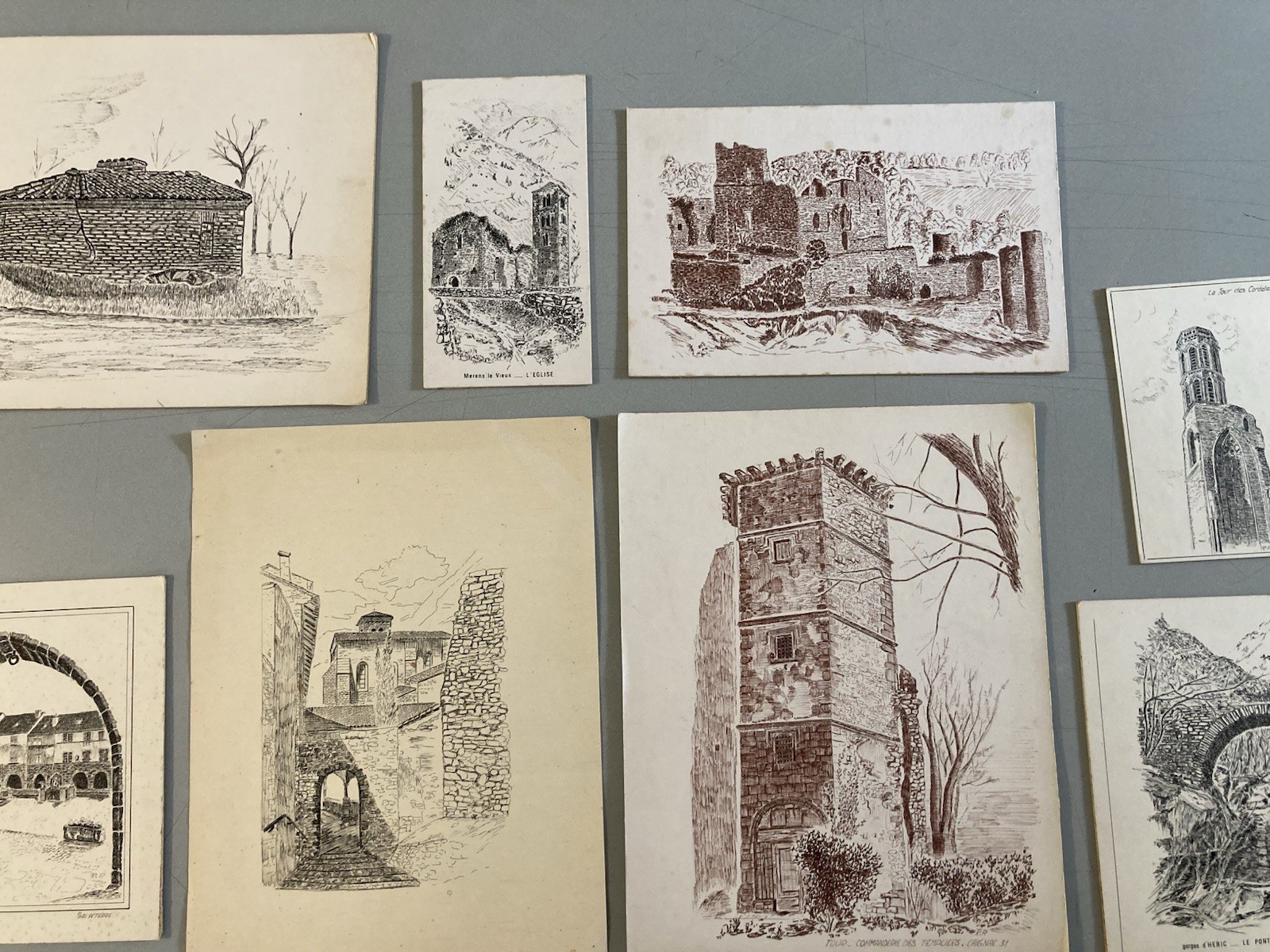 Lot 8 Dessin Encre Eglise Pierre Sud Ouest France Bâtiment Château 1970 XXe Art