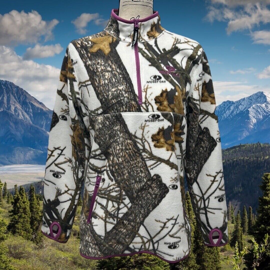 Mossy Oak White Brown Purple Camo Womens Full Zip Fleece Jacket Medium 8-10 EUC