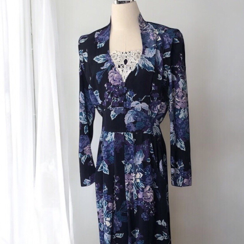 Vtg 80s Karin Stevens Dress Womens 6 Blue Purple Floral Long Sleeve Midi Pockets