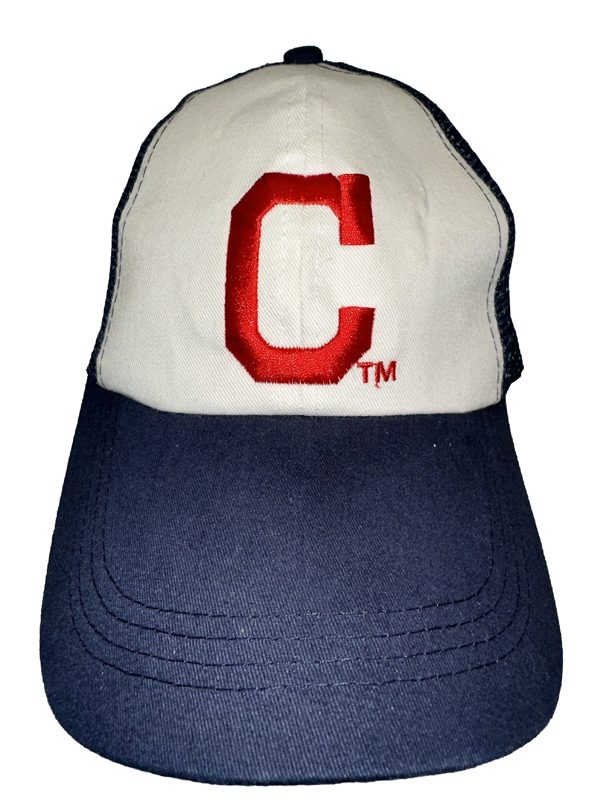 Red C embroidered Trucker Hat Cap White fabric and Navy Blue Mesh  Snapback