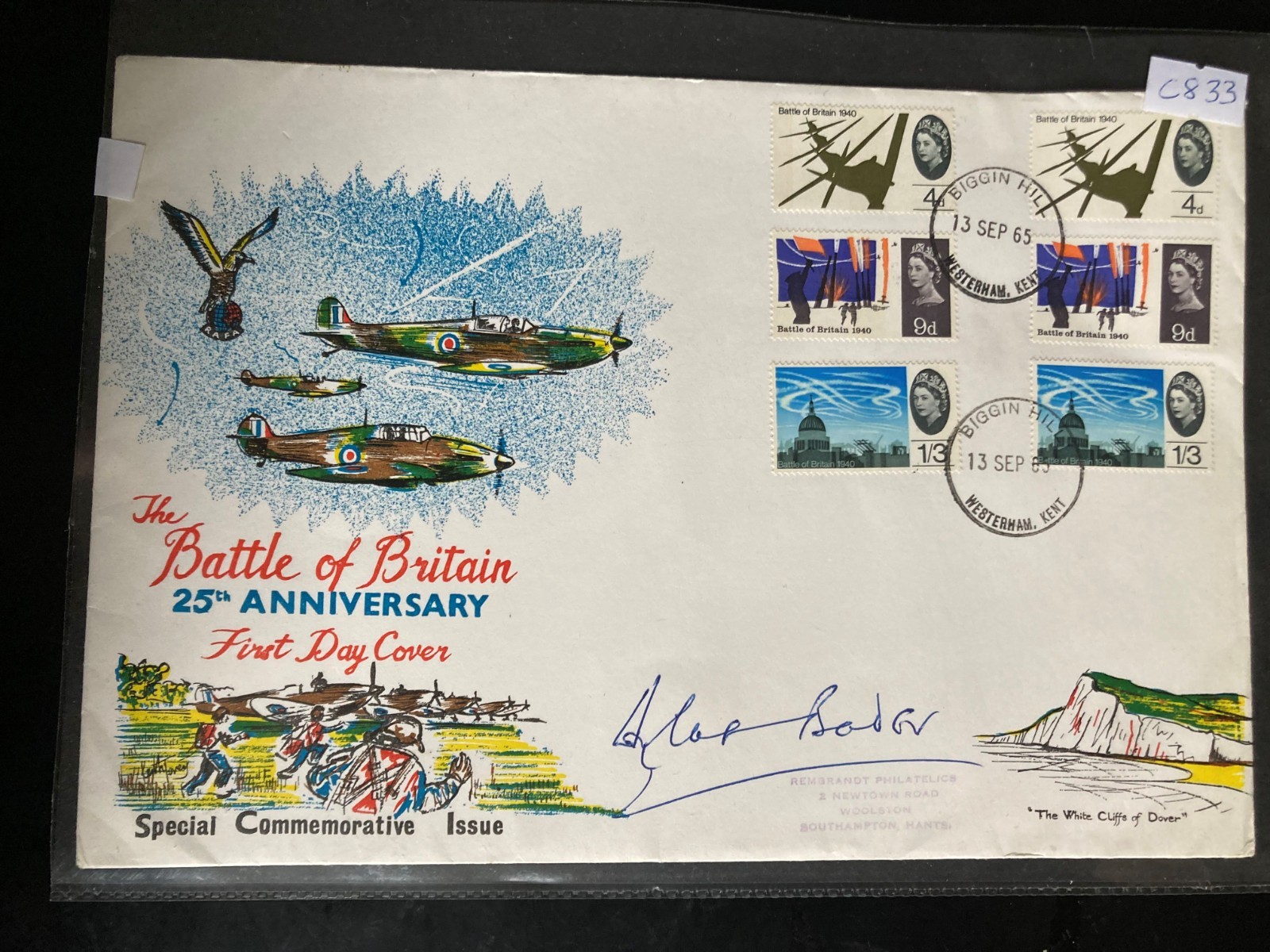 WW2 Grp Capt Douglas Bader DSO DFC Signed rare FDC 1965 ann Battle of Britain