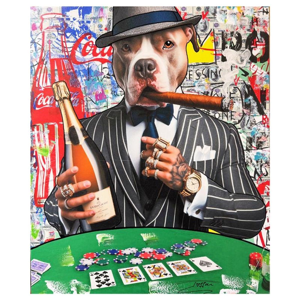 Jozza, "Lucky Day" Unique Mixed Media on Canvas, Hand Signed Inverso with Letter