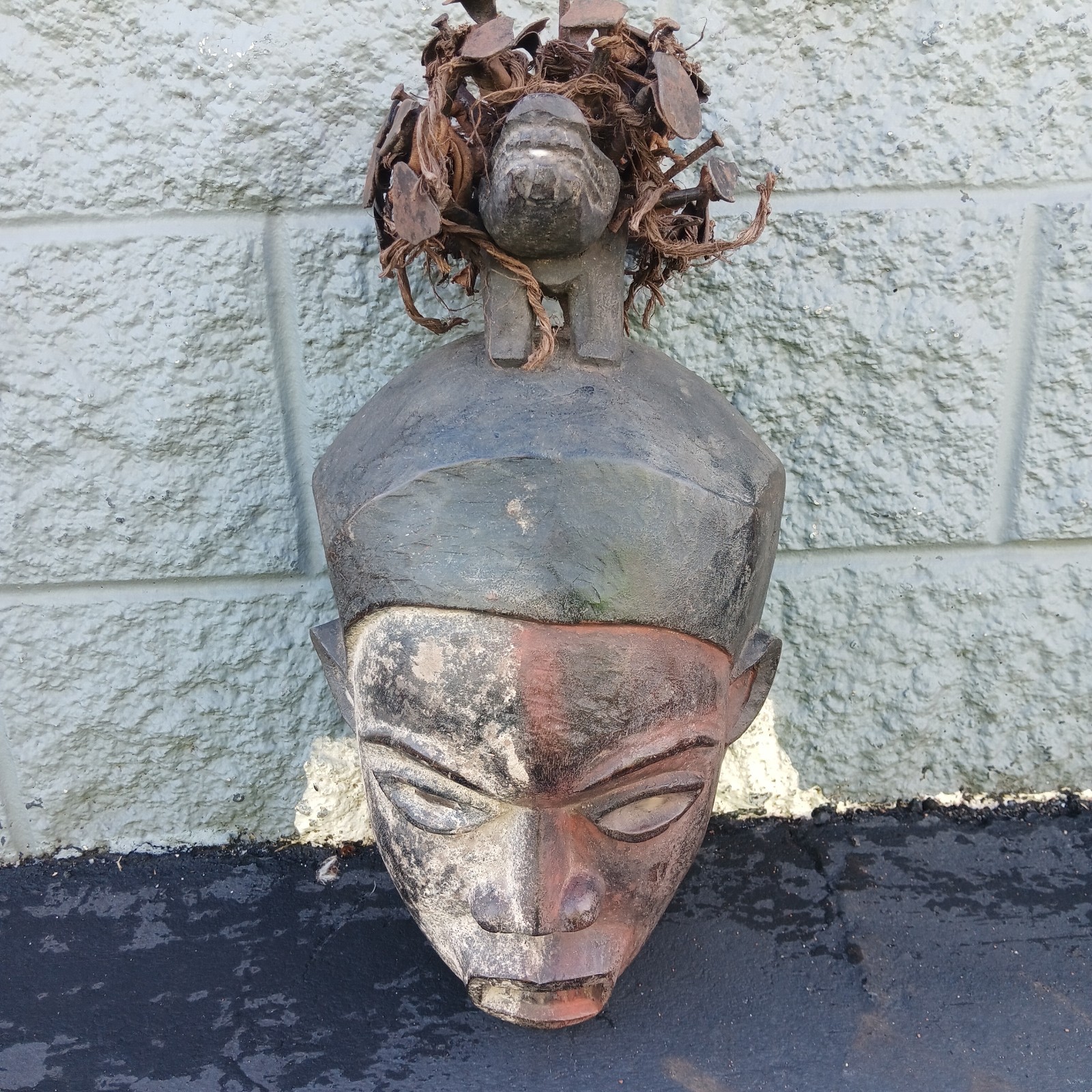 23"×13×10 Bakongo Faced Mask Fetish Nkisi Nails, mirror,dog  Head Cap From Congo